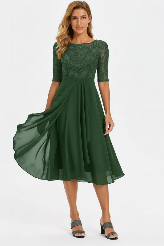 Femme Robe de Cérémonie Midi à Col Rond et Manches mi-longues en A-ligne