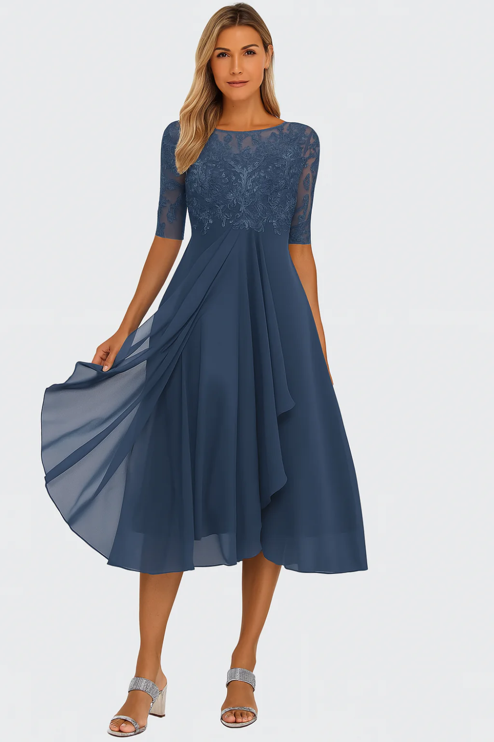 Femme Robe de Cérémonie Midi à Col Rond et Manches mi-longues en A-ligne