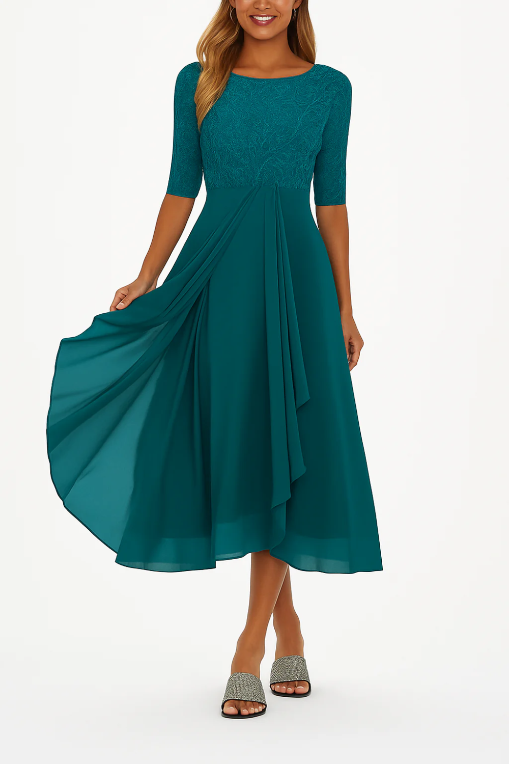 Femme Robe de Cérémonie Midi à Col Rond et Manches mi-longues en A-ligne