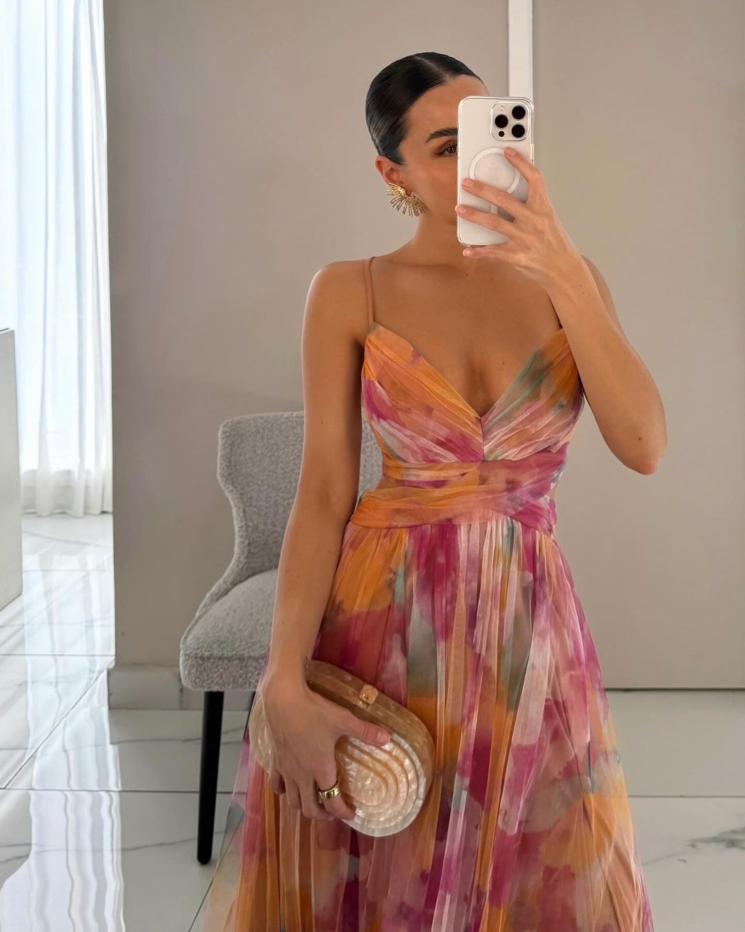 Femme Robe de Soirée Longue à Bretelles col V et Imprimé Floral Ligne A