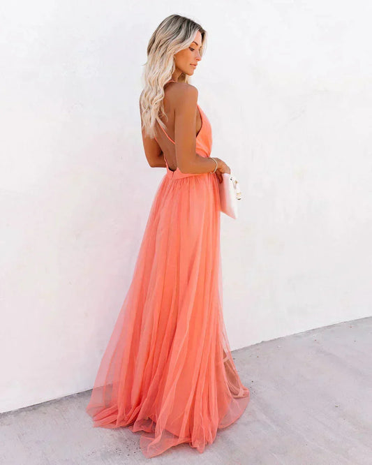 Femme Robe de Soirée Longue à Col en V Profond, Bretelles Croisées dans le Dos et Jupe Évasée