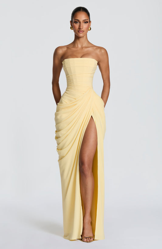 Femme Robe de Soirée Longue Bustier sans Bretelles avec Drapé Asymétrique et Fente