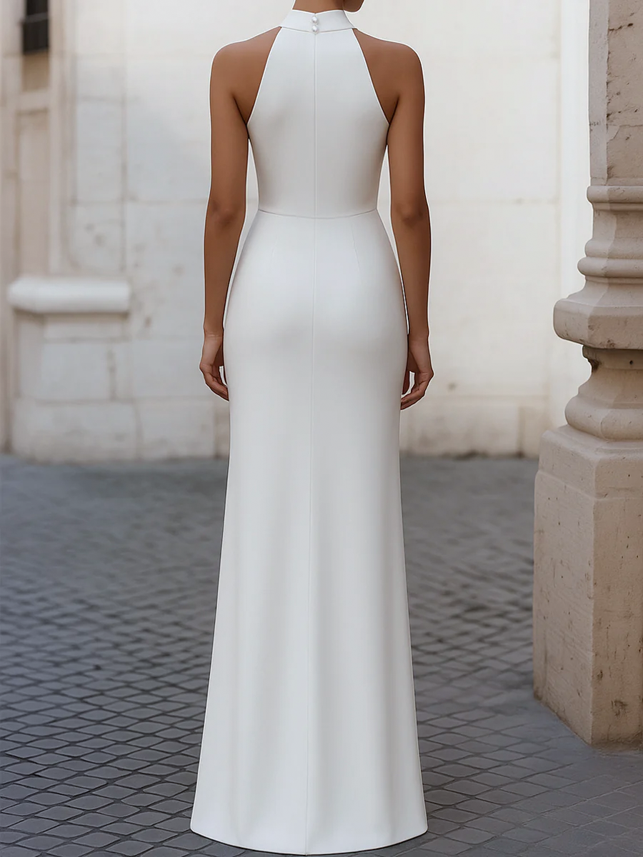 Femme Robe de Soirée Longue col Halter avec Jupe Plissée Asymétrique