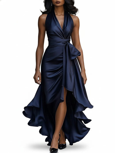 Femme Robe de Soirée Longue sans Manches col V Halter avec Volants Asymétriques et Ceinture Nœud