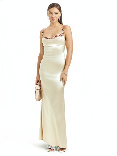 Femme Robe de Soirée Longue Slim Fit sans Manches avec Encolure Bénitier et Ornements Floraux