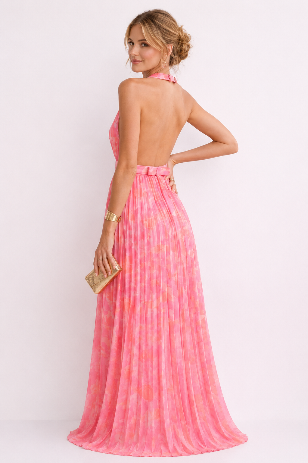 Femme Robe de Soirée Maxi Plissée col V Profond avec Dos Nu et Col Licou