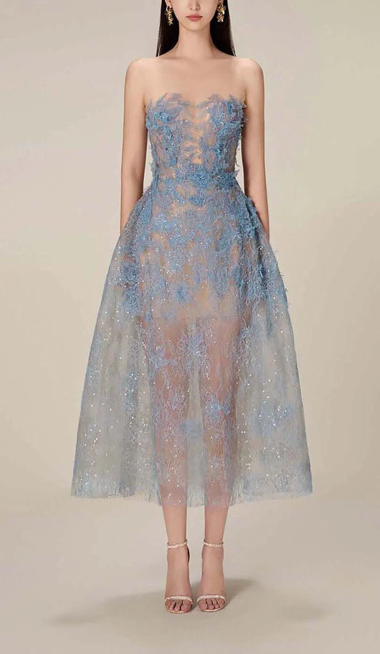 Femme Robe de Soirée Midi Sans Bretelles à Appliques Florales et Paillettes