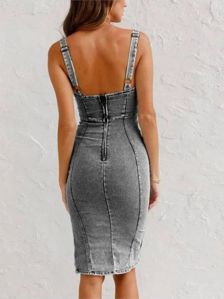 Femme Robe Jean Midi Sans Manches à Bretelles Réglables et Fente