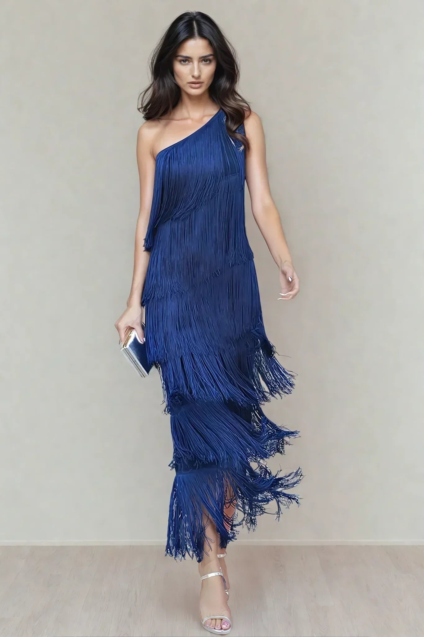 Femme Robe Longue à Franges Étagées et Encolure Asymétrique