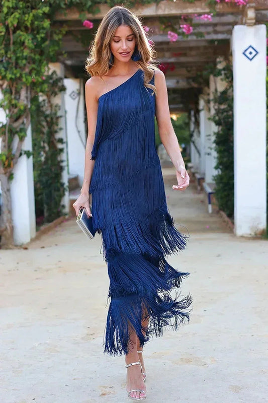 Femme Robe Longue à Franges Étagées et Encolure Asymétrique