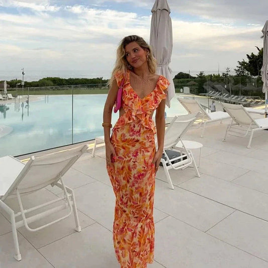 Femme Robe Longue à Imprimé Floral avec Col en V et Volants
