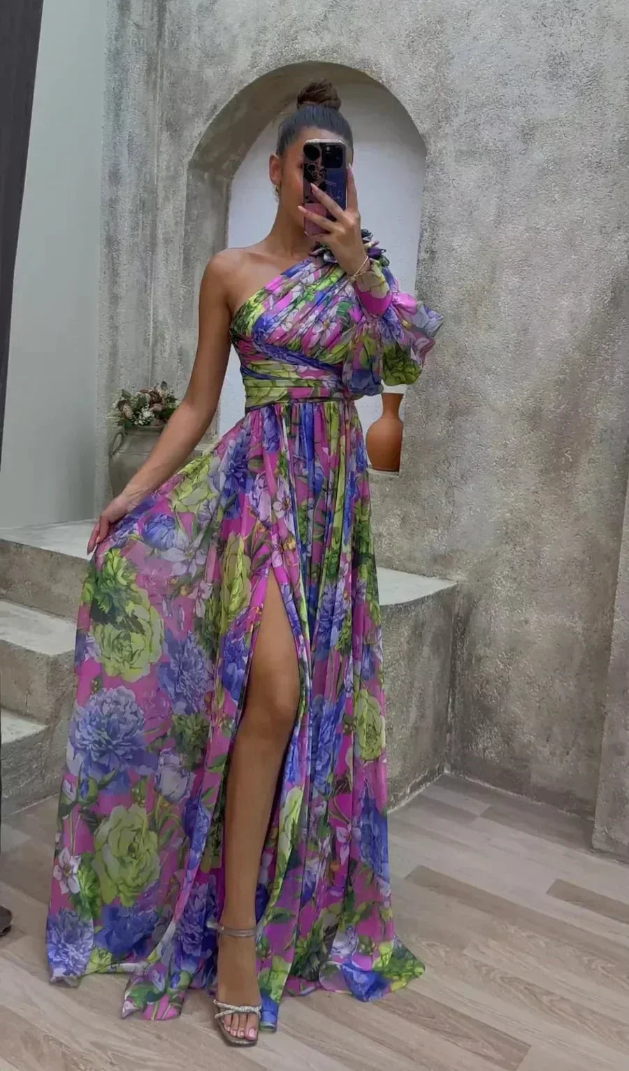Femme Robe Longue Asymétrique à une Épaule avec Imprimé Floral et Fente