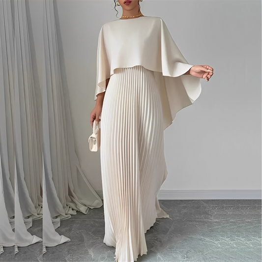 Femme Robe Longue avec Cape Plissée et Encolure Ronde