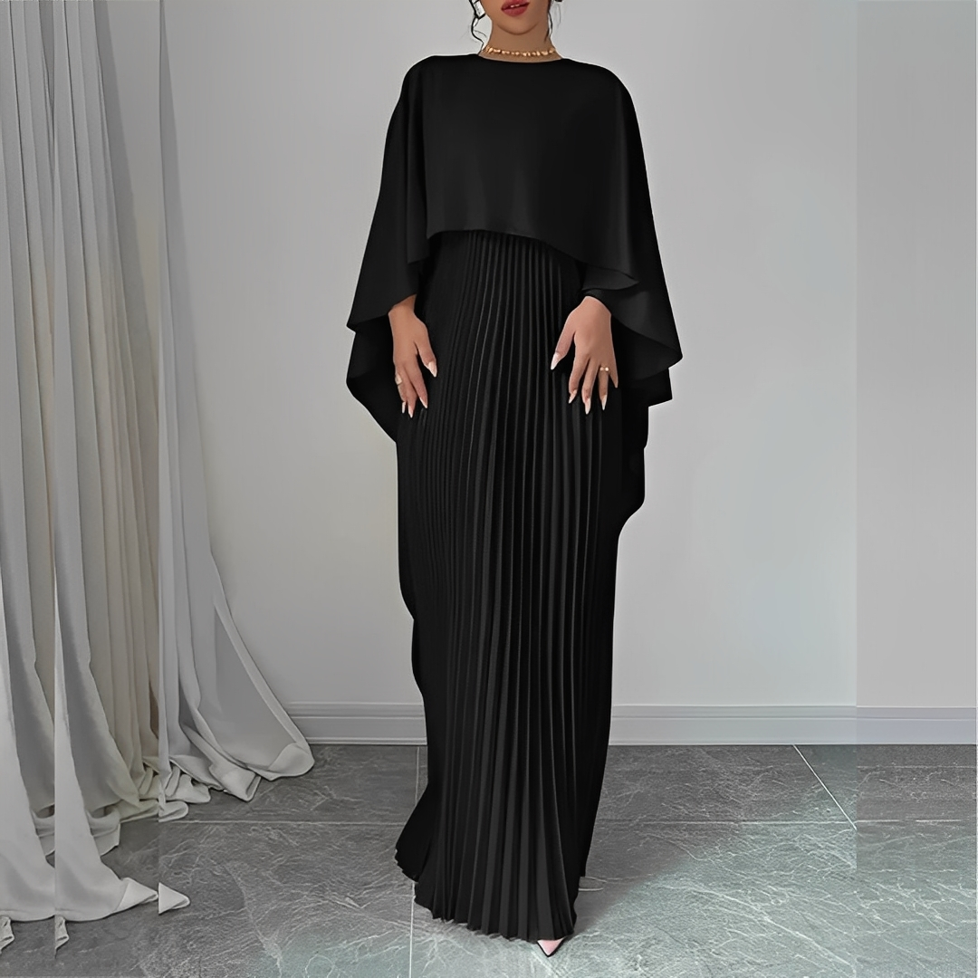 Femme Robe Longue avec Cape Plissée et Encolure Ronde