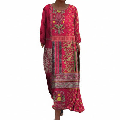 Femme Robe Longue Boho à Imprimé Patchwork et Manches Trois-Quarts