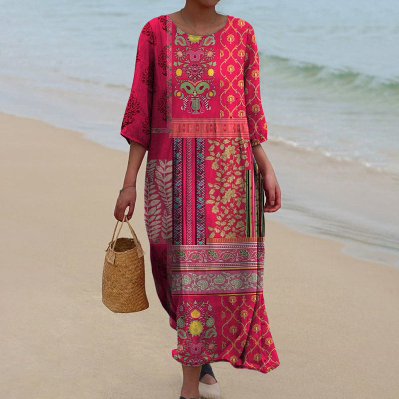 Femme Robe Longue Boho à Imprimé Patchwork et Manches Trois-Quarts