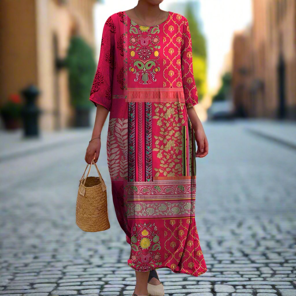 Femme Robe Longue Boho à Imprimé Patchwork et Manches Trois-Quarts