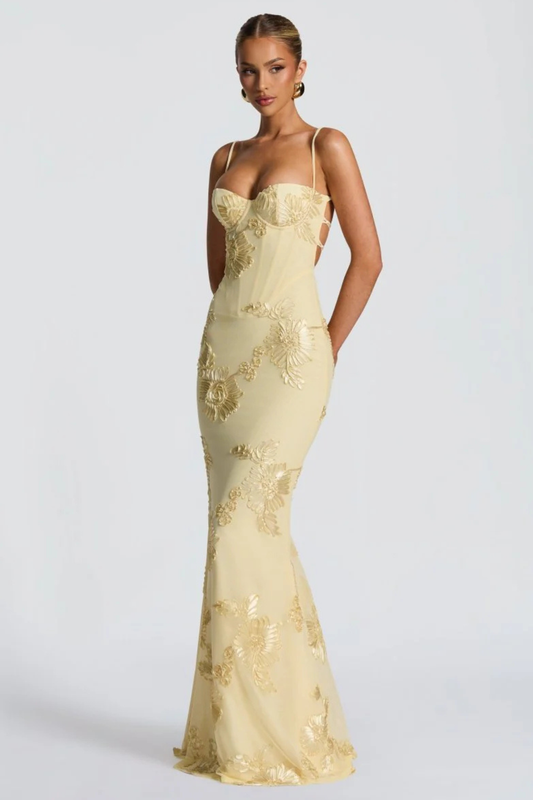 Femme Robe Longue de Soirée à Bretelles Fines avec Bustier Corset et Broderies Florales