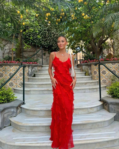 Femme Robe Longue de Soirée sans Manches avec Col en V et Volants