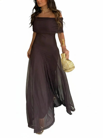 Femme Robe Longue Épaules Dénudées à Jupe Fluide et Col Drapé