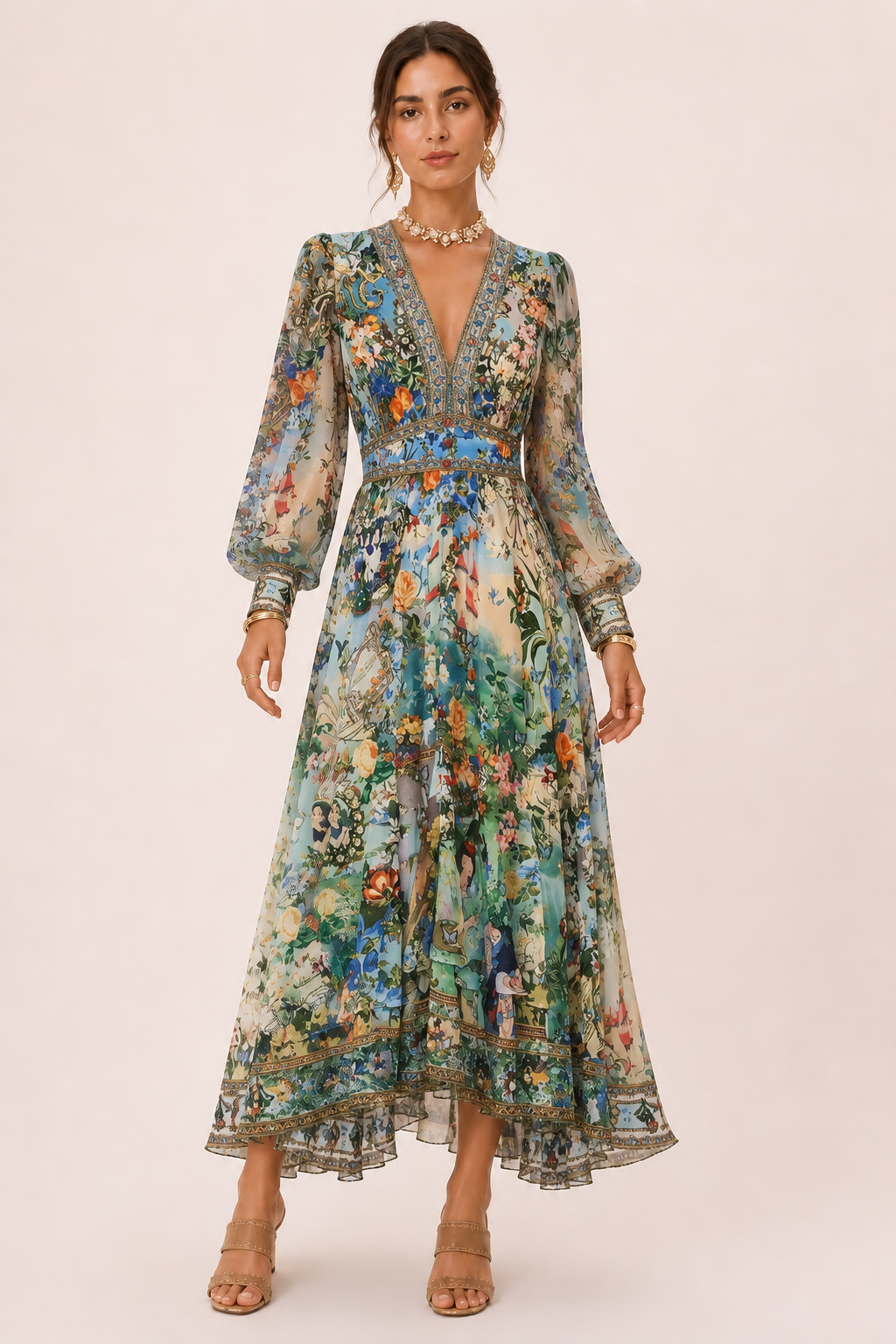 Femme Robe Longue Florale à Col en V et Manches Bouffantes