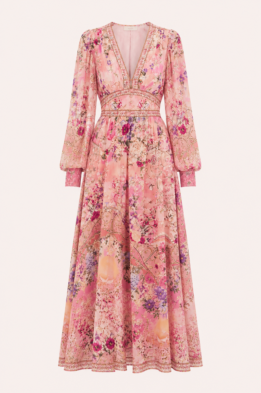 Femme Robe Longue Florale à Col en V et Manches Bouffantes