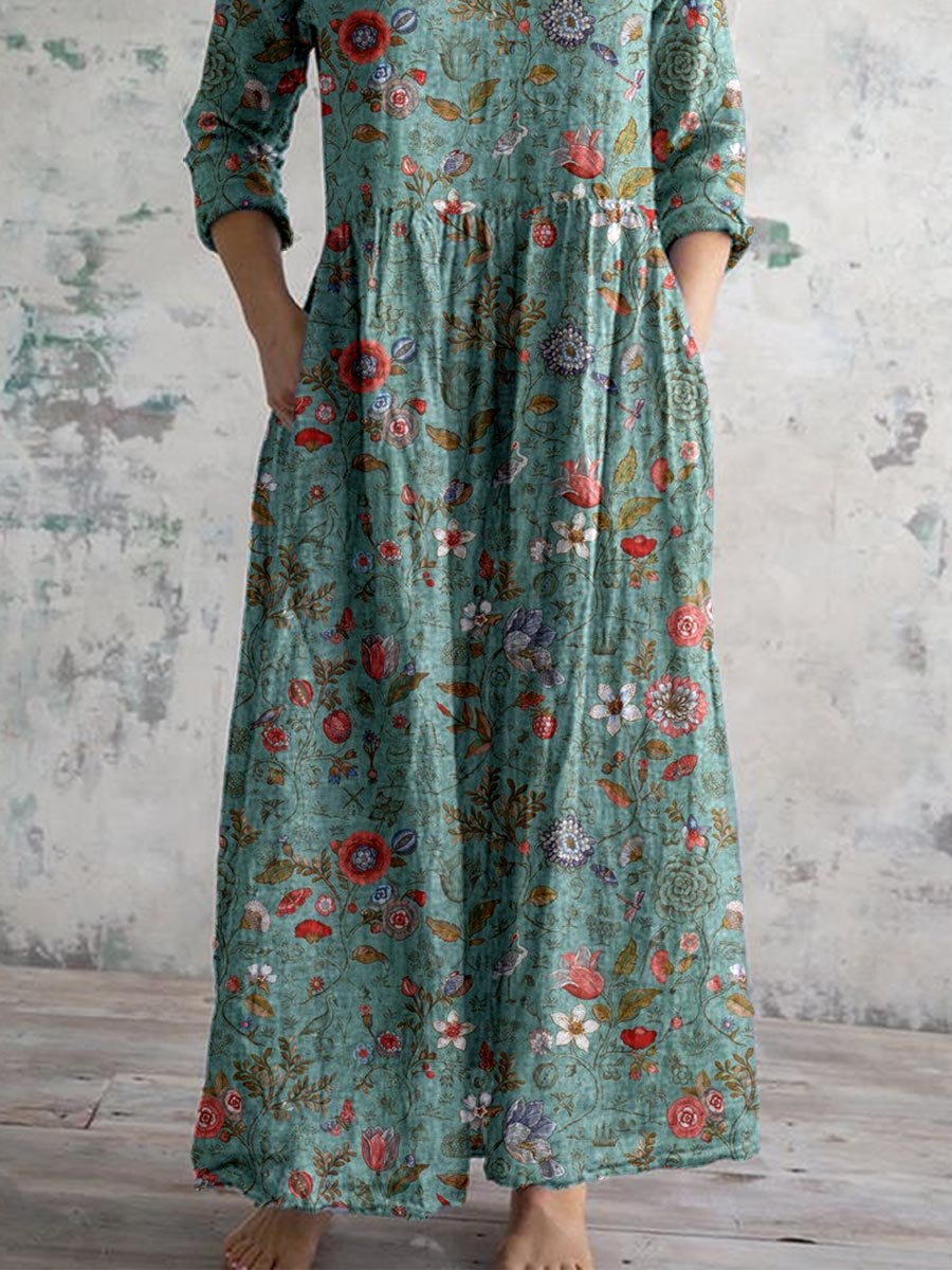 Femme Robe Longue Florale avec Col en V et Manches Trois-Quarts