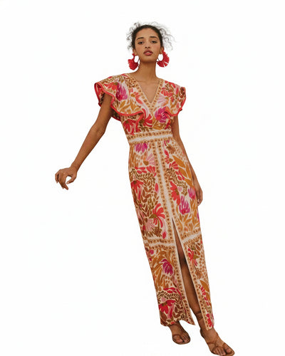 Femme Robe Longue Florale avec Col V, Manches Volantées et Fente