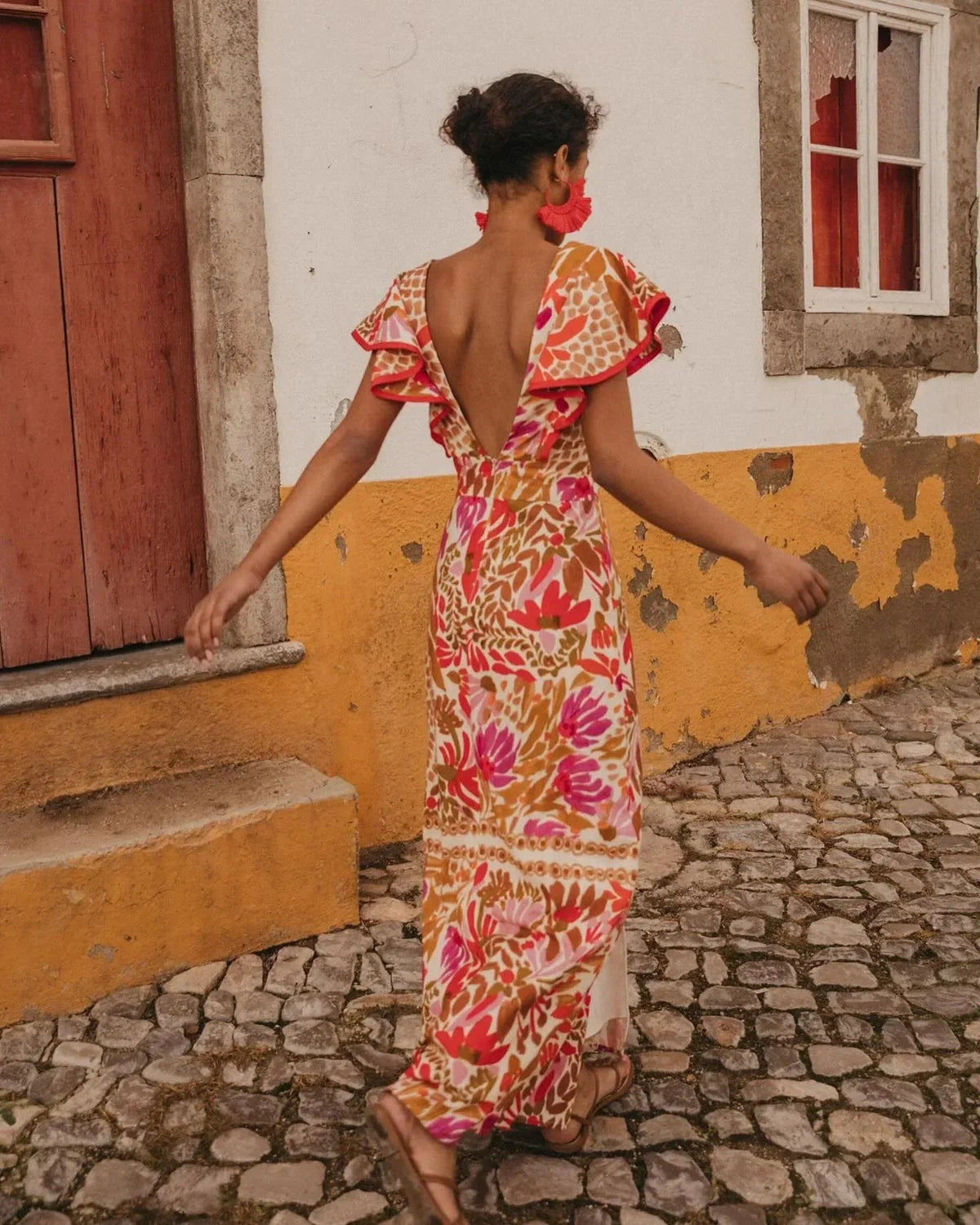 Femme Robe Longue Florale avec Col V, Manches Volantées et Fente