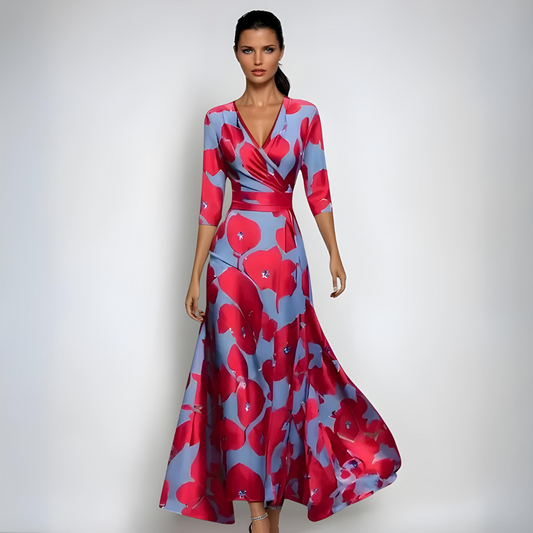Femme Robe Longue Imprimé Floral avec Col en V et Manches Trois-Quarts Silhouette A-Line