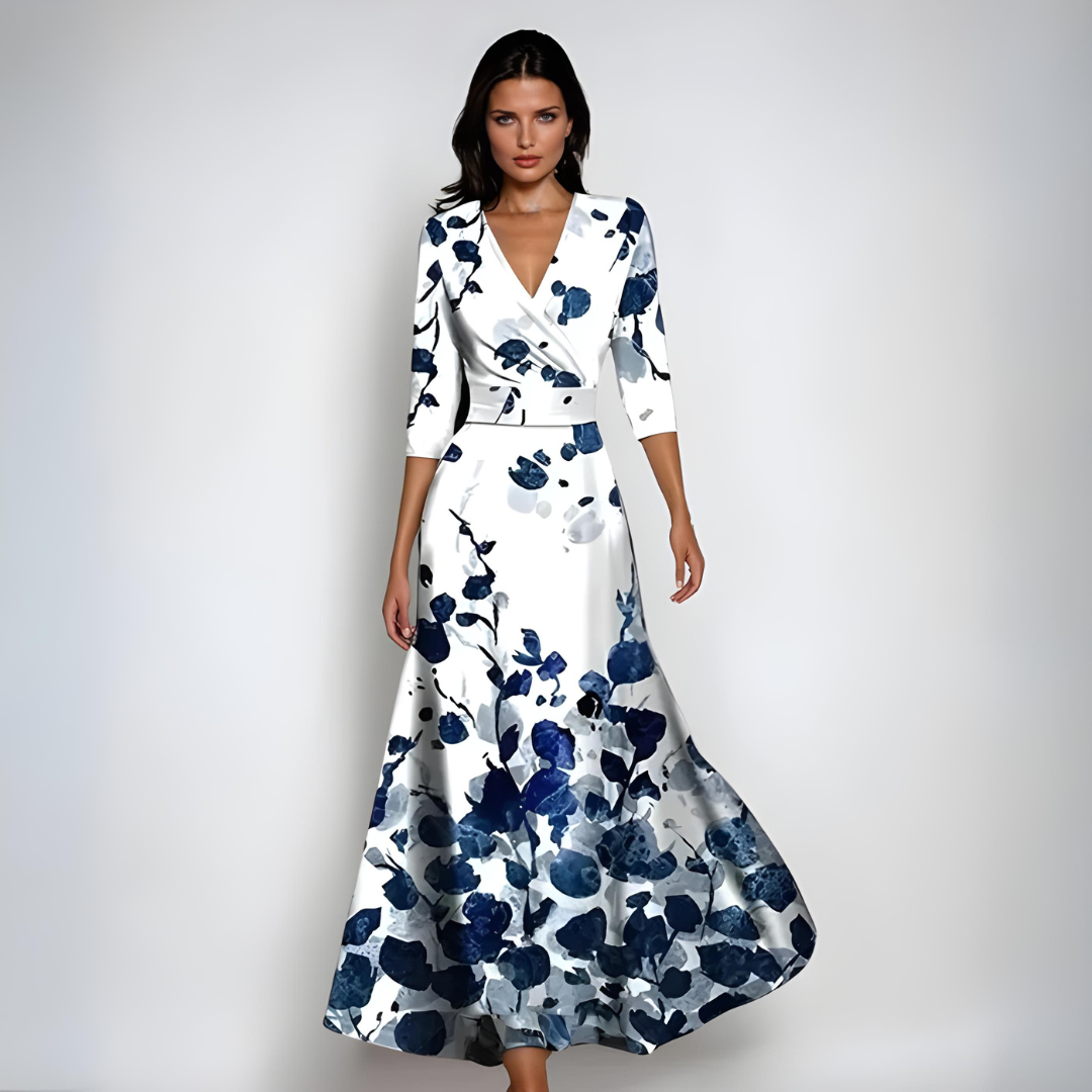 Femme Robe Longue Imprimé Floral avec Col en V et Manches Trois-Quarts Silhouette A-Line