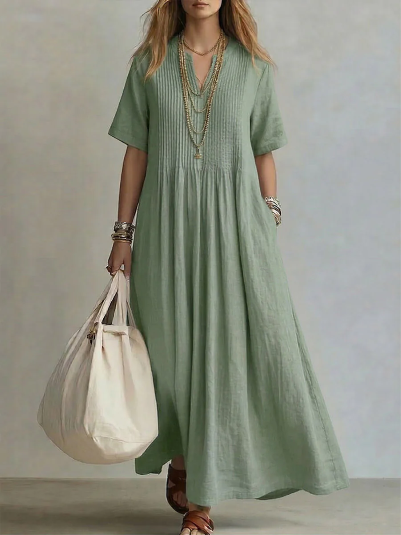 Femme Robe Longue Maxi à Col V et Manches Courtes avec Plis