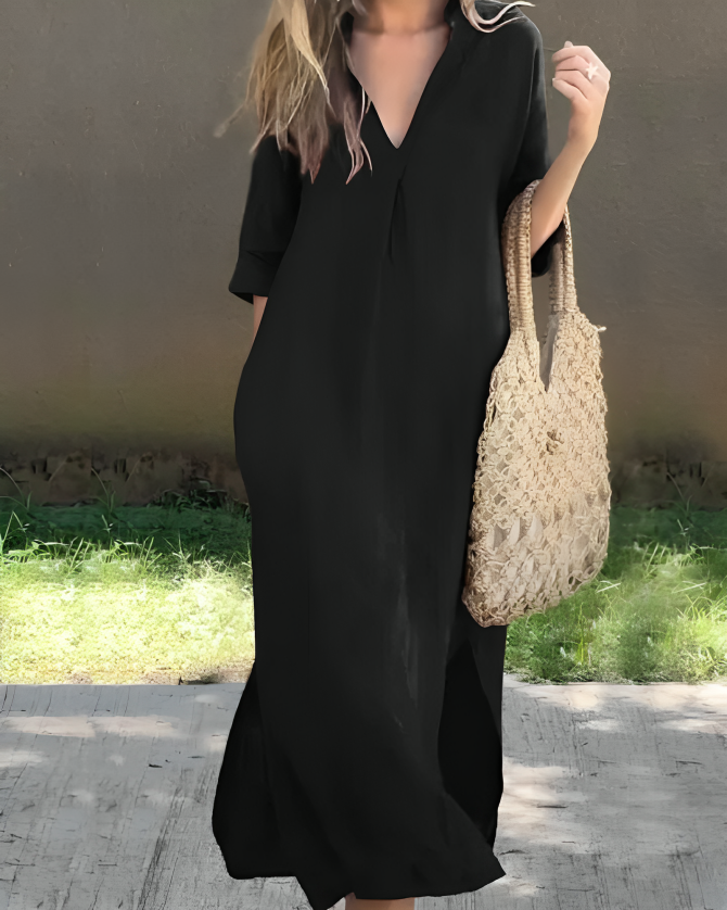 Femme Robe Longue Oversize col en V et Manches Trois-Quarts avec Poches