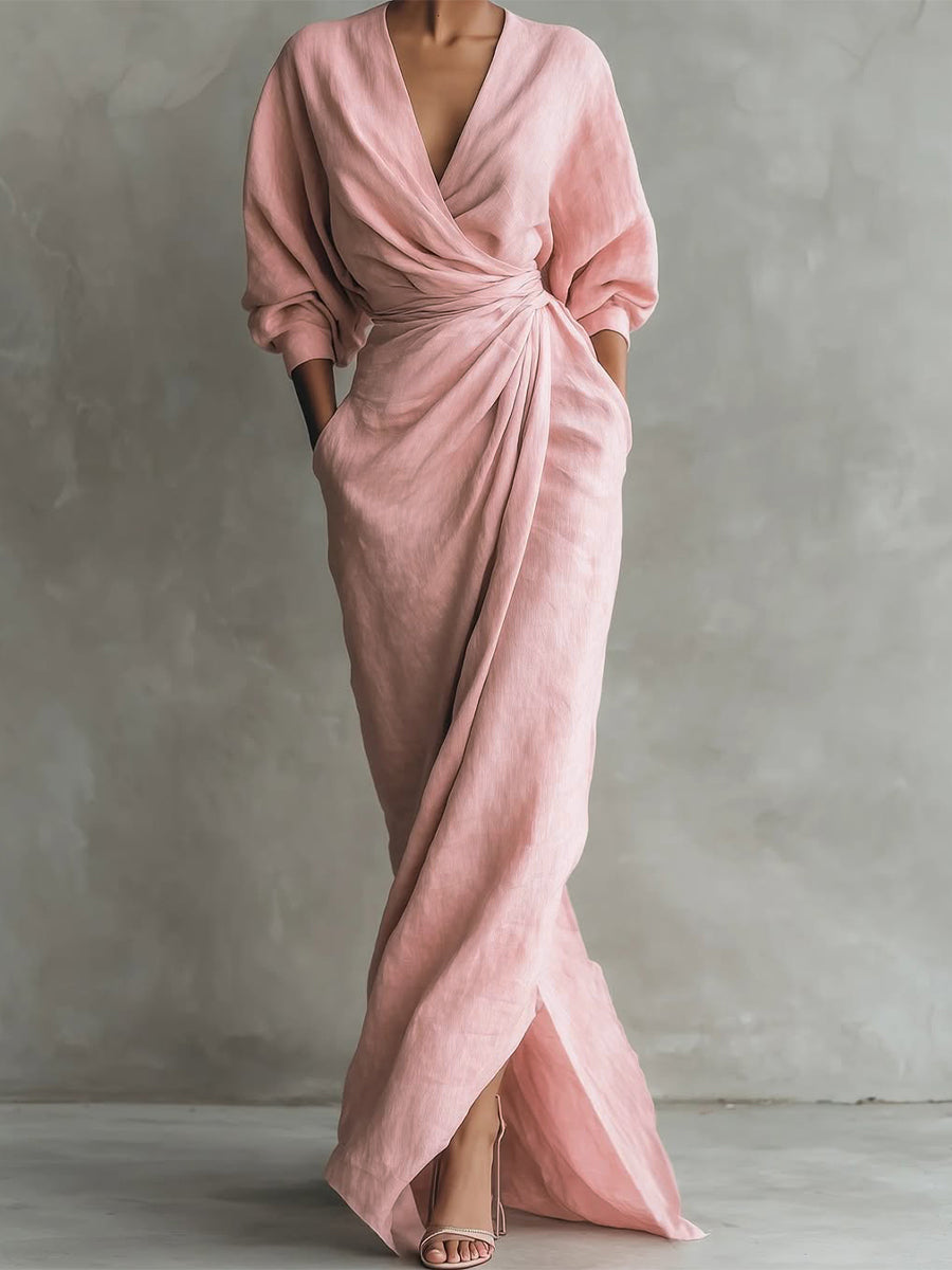 Femme Robe Longue Portefeuille avec Col en V et Manches Trois-Quarts