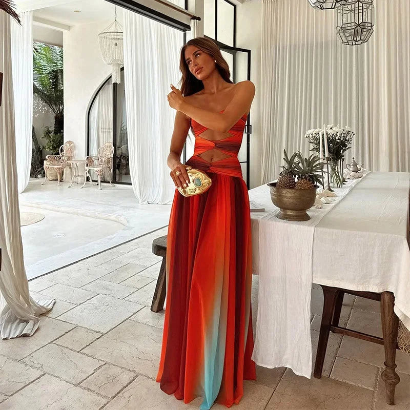 Femme Robe Longue sans Bretelles avec Découpes et Fente