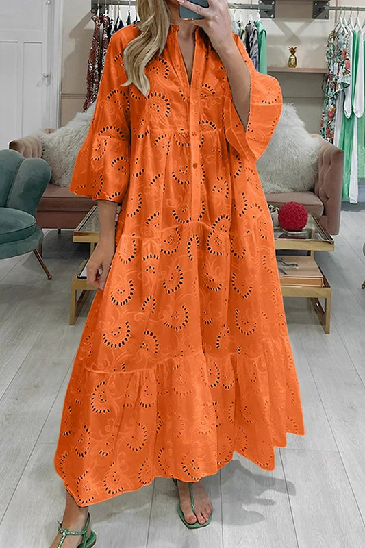Femme Robe Maxi à Col en V avec Broderie Ajourée et Manches Trois-quarts
