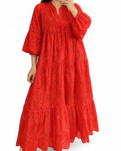 Femme Robe Maxi à Col en V avec Broderie Ajourée et Manches Trois-quarts