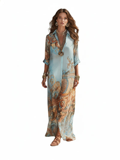 Femme Robe Maxi à Imprimé Baroque avec Col Chemise et Boutons