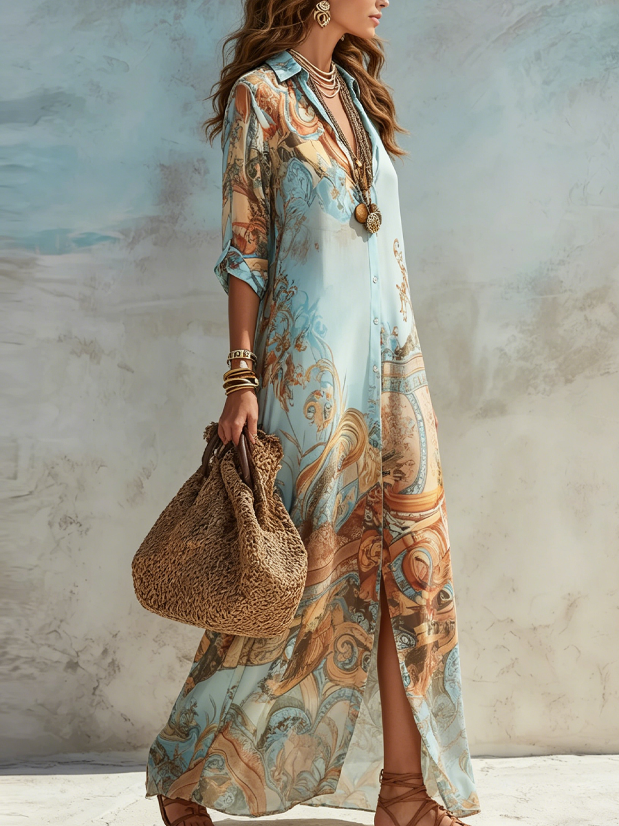 Femme Robe Maxi à Imprimé Baroque avec Col Chemise et Boutons