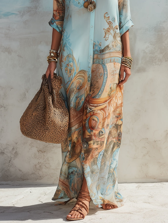 Femme Robe Maxi à Imprimé Baroque avec Col Chemise et Boutons