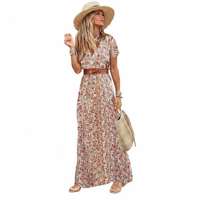 Femme Robe Maxi Bohème à Imprimé Fleuri avec Col en V et Manches Courtes