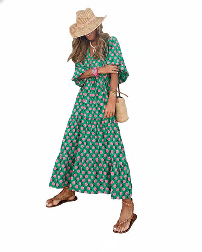 Femme Robe Maxi Bohème à Imprimé Floral avec Col en V et Manches Bouffantes