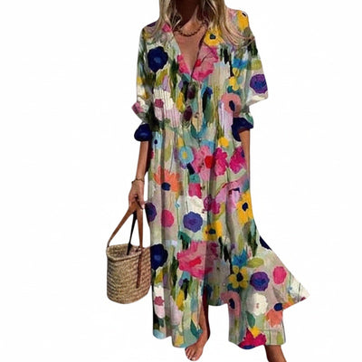 Femme Robe Maxi Bohème avec Col en V et Imprimé Artistique