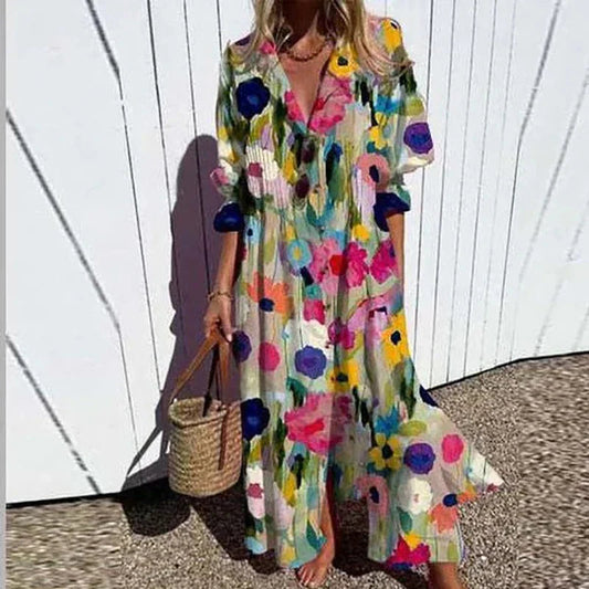 Femme Robe Maxi Bohème avec Col en V et Imprimé Artistique