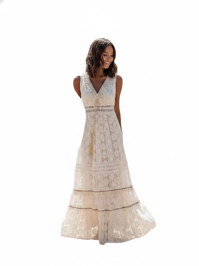 Femme Robe Maxi Bohème sans Manches avec Col en V et Fente Avant