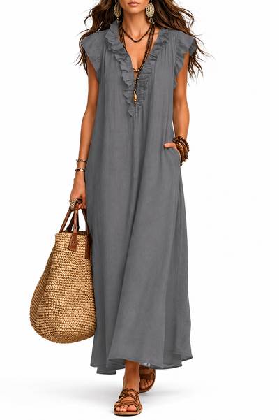 Femme Robe Maxi Boho sans Manches avec Col V à Volants et Poches