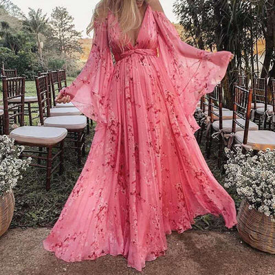 Femme Robe Maxi Fleurie avec Épaules Dénudées et col en V Profond