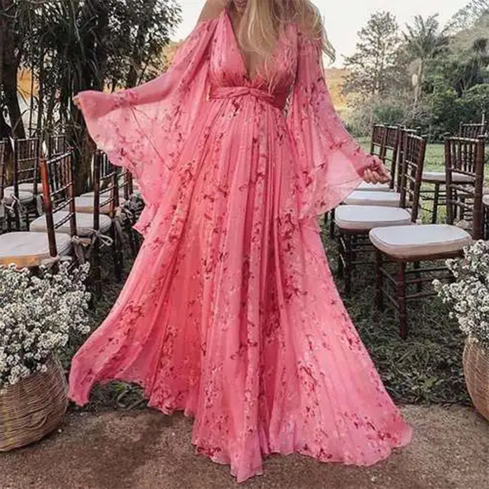 Femme Robe Maxi Fleurie avec Épaules Dénudées et col en V Profond