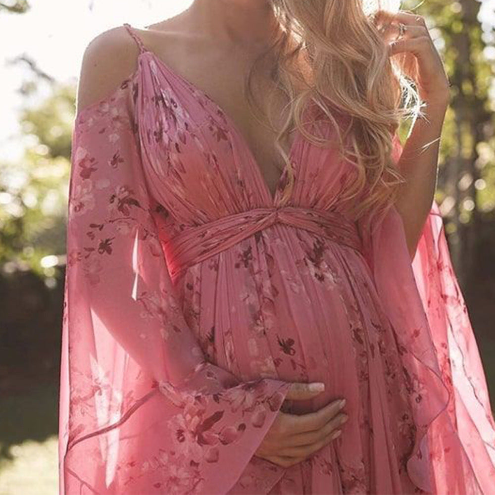 Femme Robe Maxi Fleurie avec Épaules Dénudées et col en V Profond