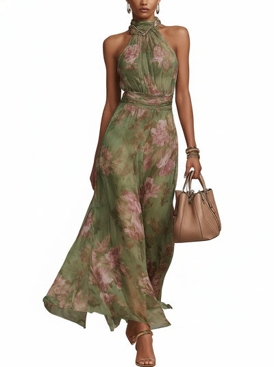 Femme Robe Maxi Fleurie sans Manches avec Col Halter